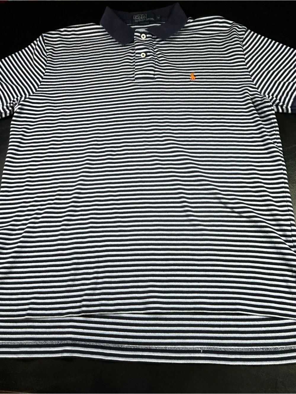 Ralph Lauren Navy and White Striped Polo with Orange Pony